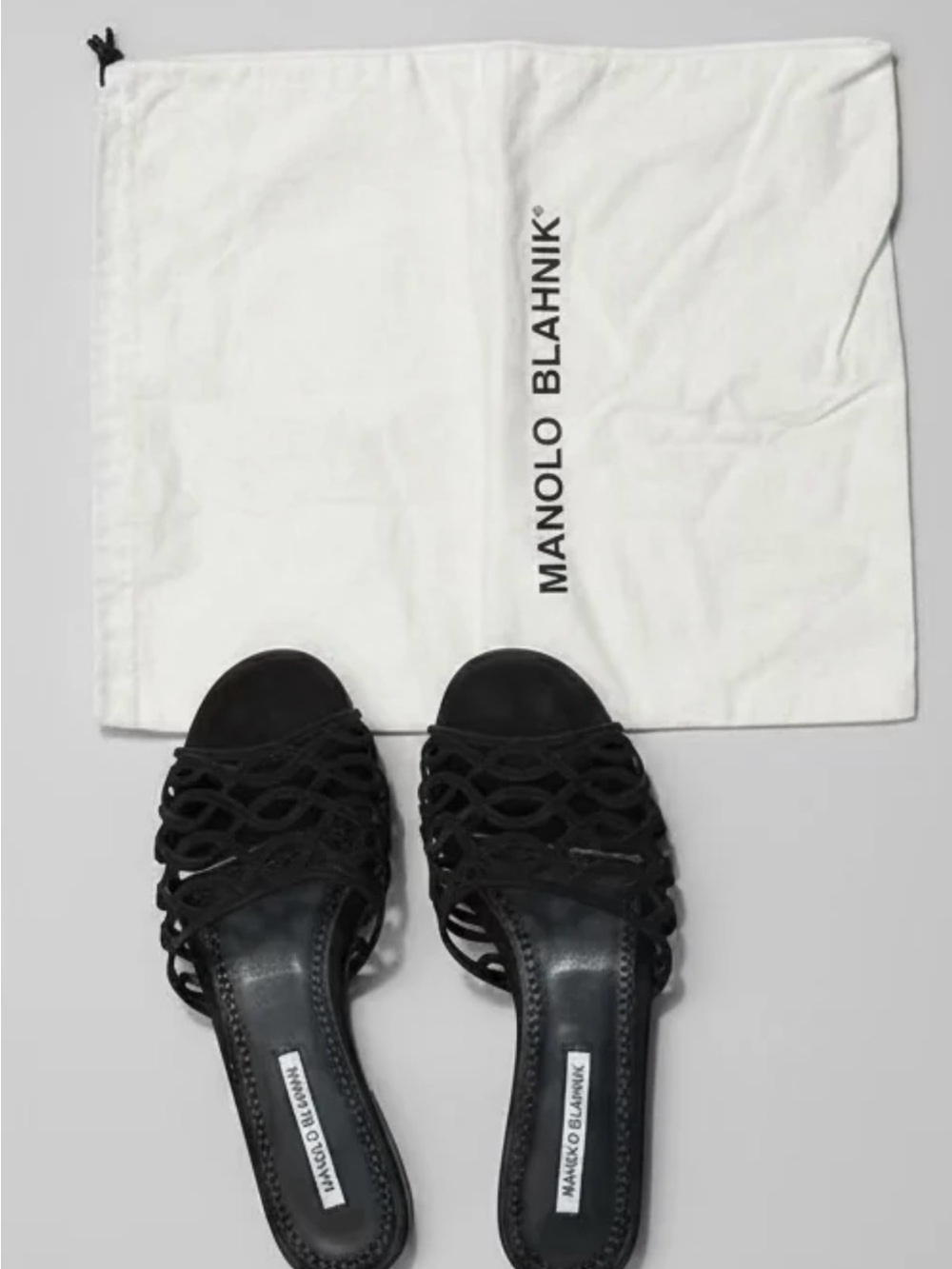 Manolo Blahnik Black Woven Open-Toe Slides
